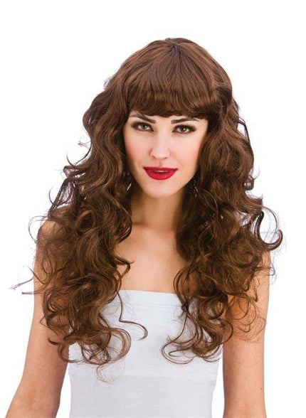 Wicked Costumes Pruik Foxy lang haar met krullen bruin
