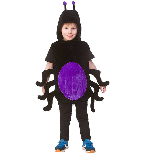 Spinnenpak kind Evy: zwarte tuniek met kap, paarse buik, spinnenpoten en voelhorens voor Halloween