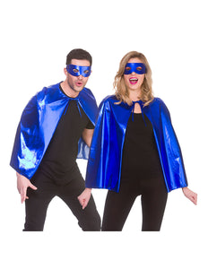 Wicked Costumes Super helden cape metallic met masker 60cm blauw