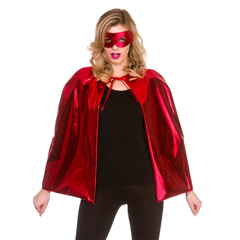 Wicked Costumes Super helden cape metallic met masker 60cm rood