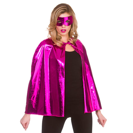 Wicked Costumes Super helden cape metallic met masker 60cm roze