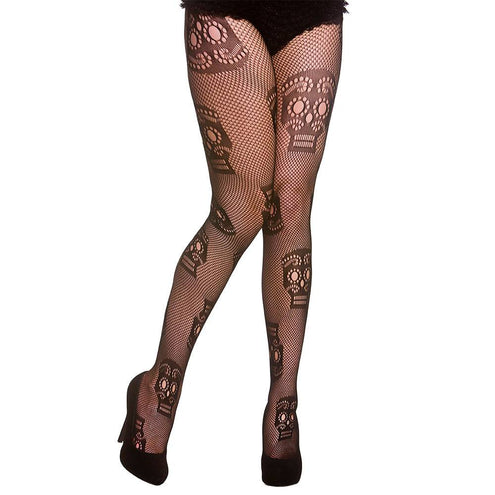 Wicked Costumes Visnetpanty zwart met schedels