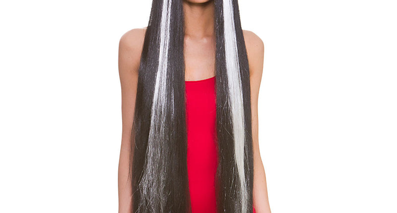 Wicked Costumes Zwarte pruik extra lang haar met zilveren highlights