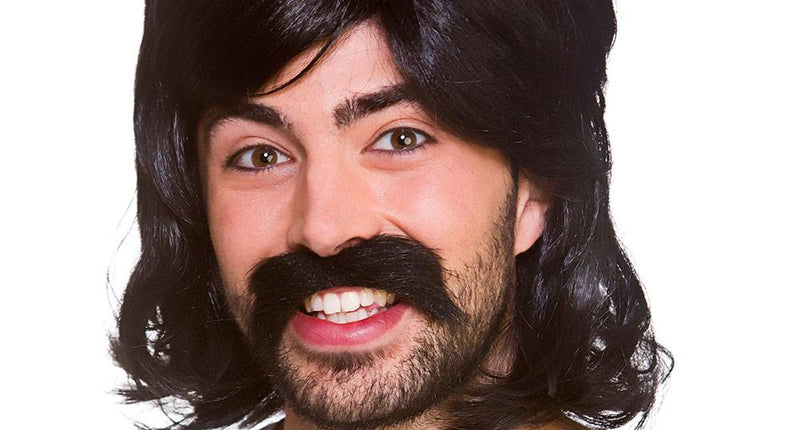 Wicked Costumes Zwarte pruik hippie Guy met snor