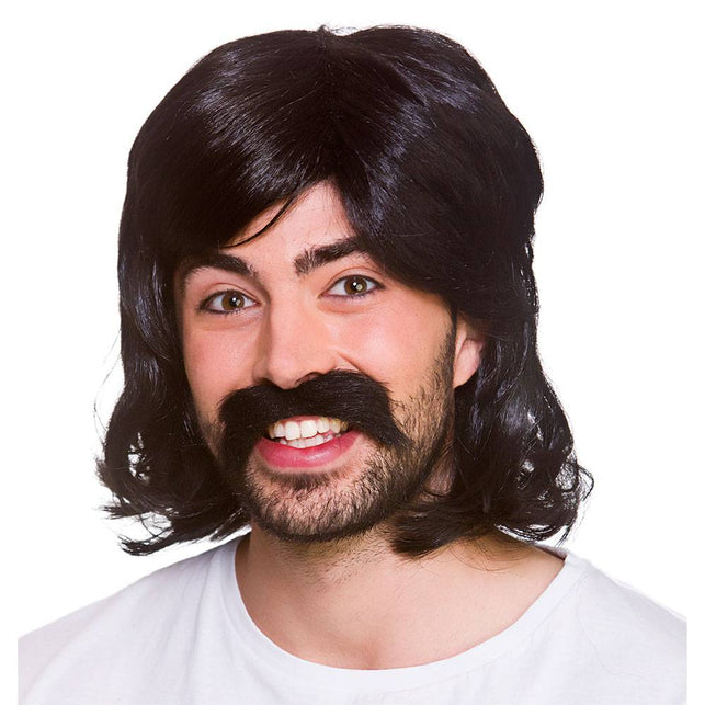 Wicked Costumes Zwarte pruik hippie Guy met snor